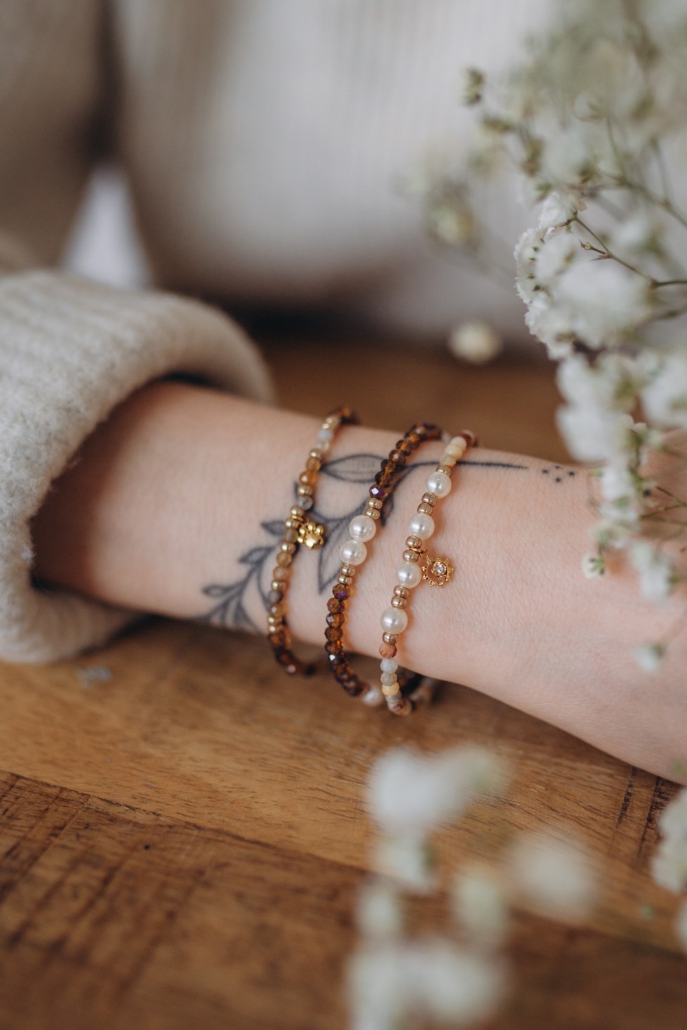 Brown bracelets with natural stones and faceted beads