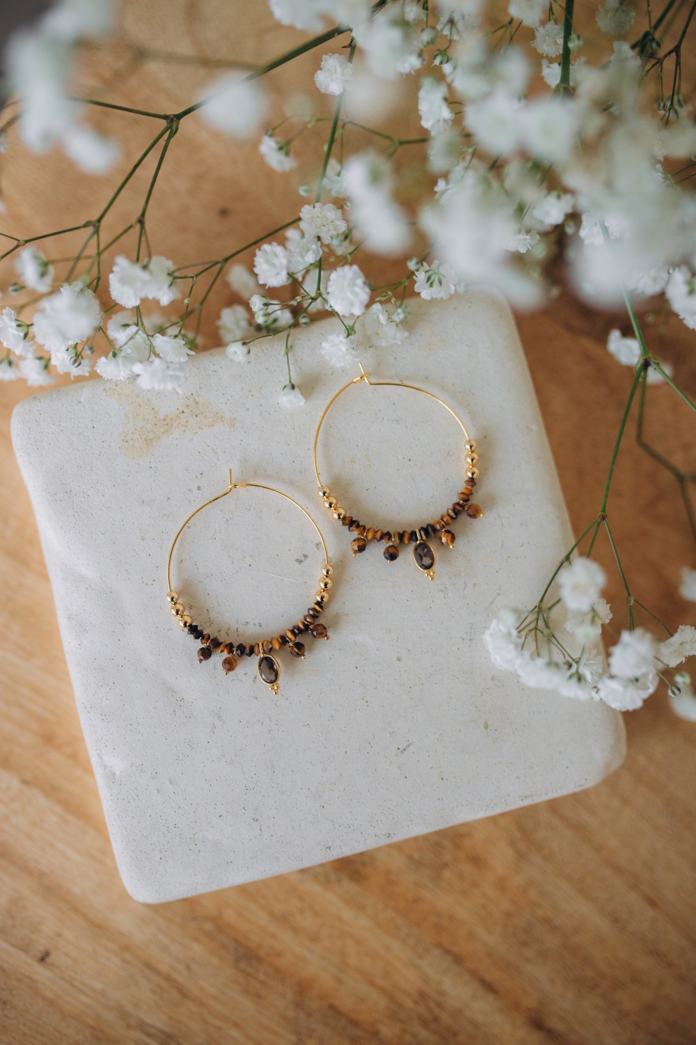 Natural stone beaded hoop earrings