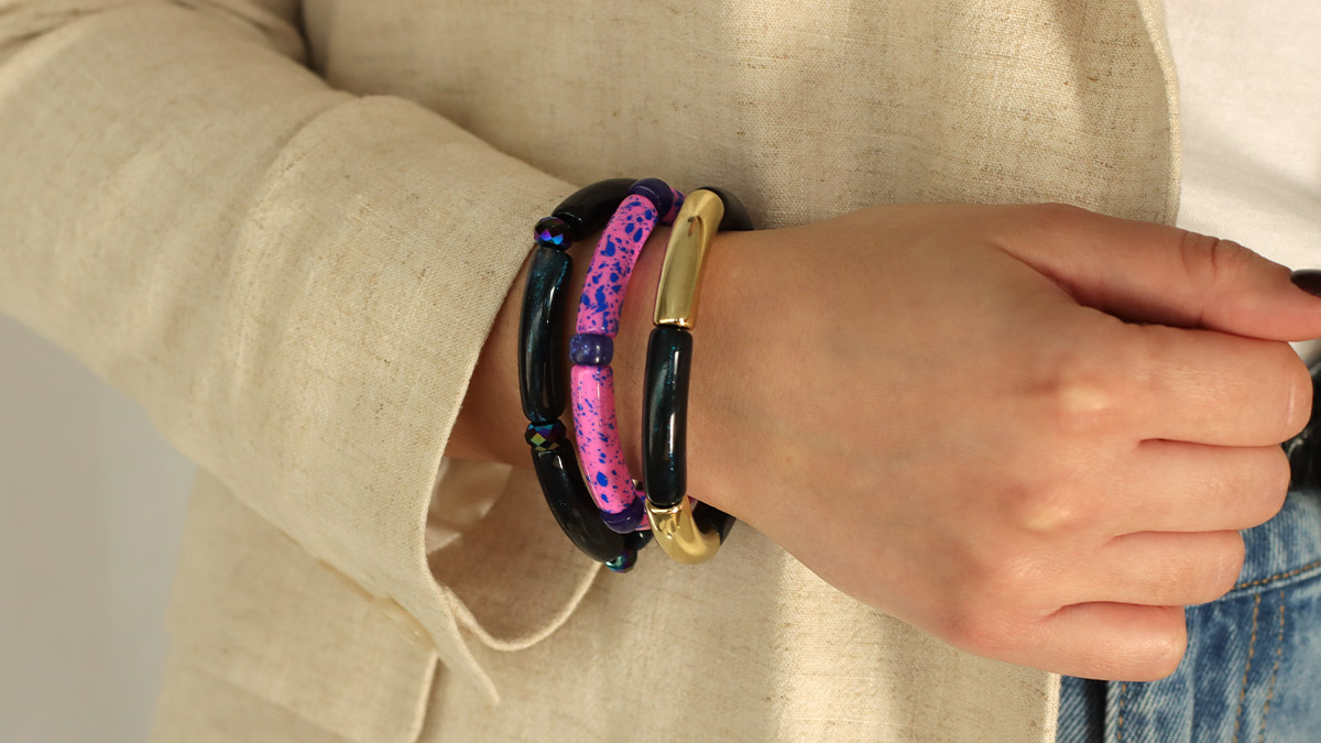 Curved Tubular Bead Bracelets Midnight Blue Turquoise and Pink