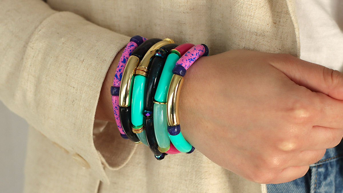 Schema  Curved Tubular Bead Bracelets Midnight Blue Turquoise and Pink