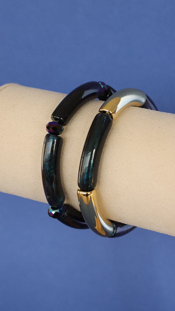 Schema  Curved Tubular Bead Bracelets Midnight Blue Turquoise and Pink
