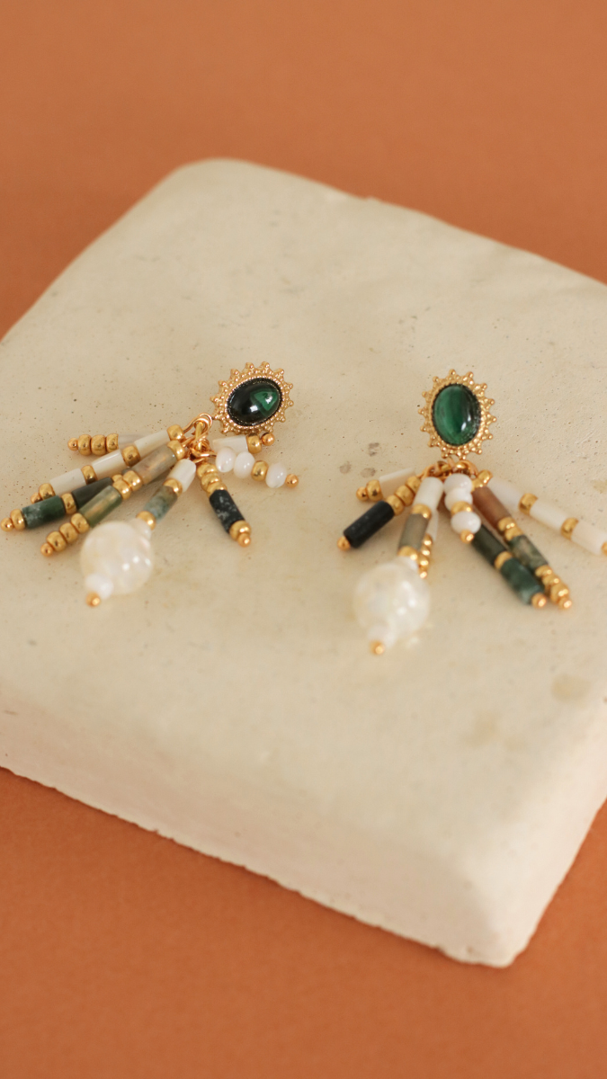 Mother-of-pearl and natural stone fringe earrings