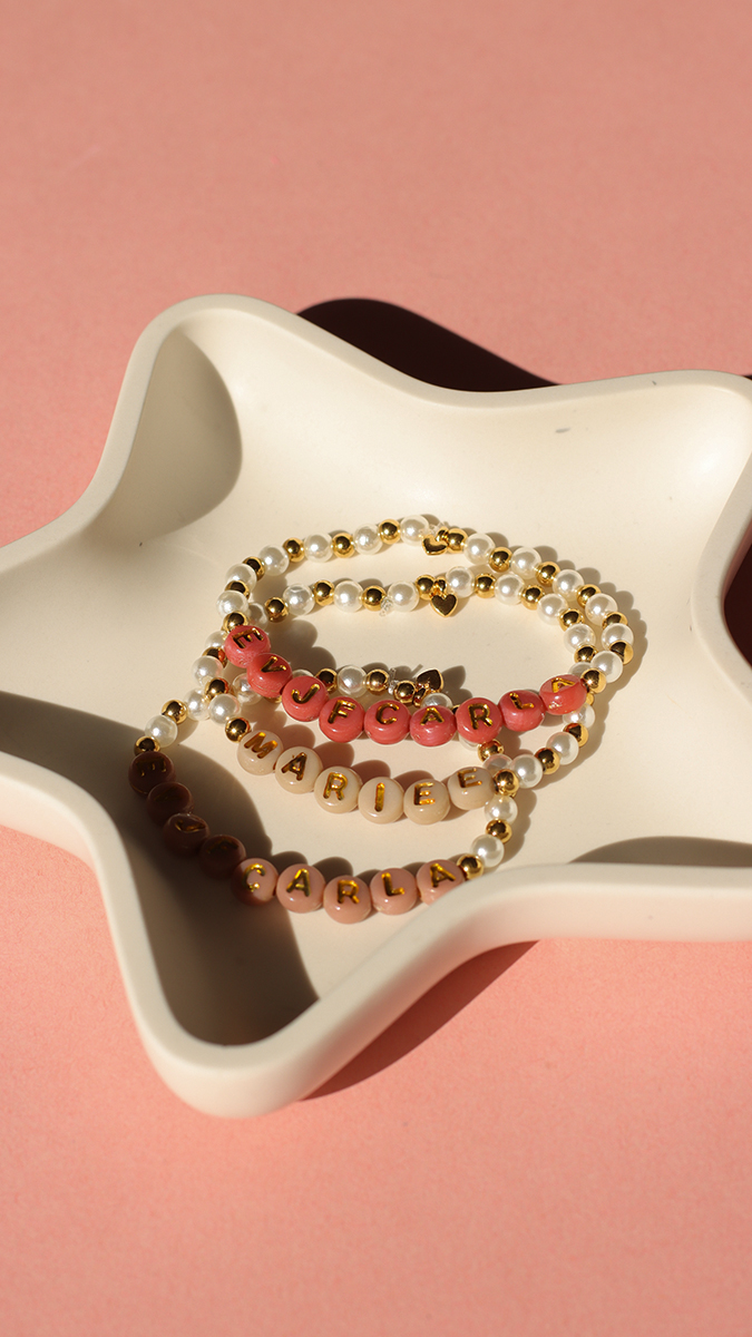 Schema EVE bracelets with pearly beads and letter beads Schema EVE bracelets with pearly beads and letter beads