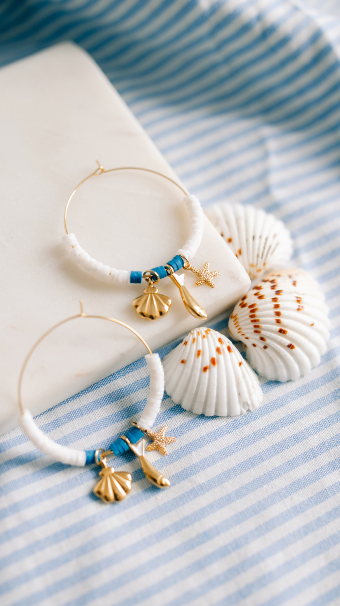 Heishi beads and charms summer hoop earrings
