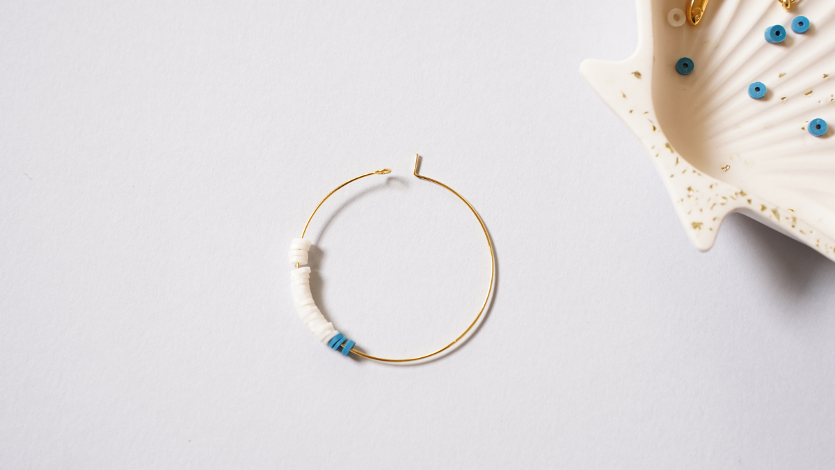 Heishi beads and charms summer hoop earrings : Step 1 Heishi beads and charms summer hoop earrings : Step 1