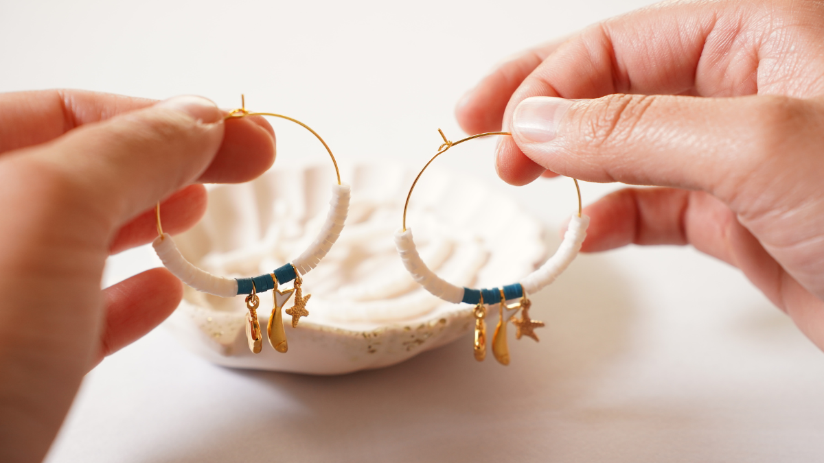 Heishi beads and charms summer hoop earrings : Step 3 Heishi beads and charms summer hoop earrings : Step 3