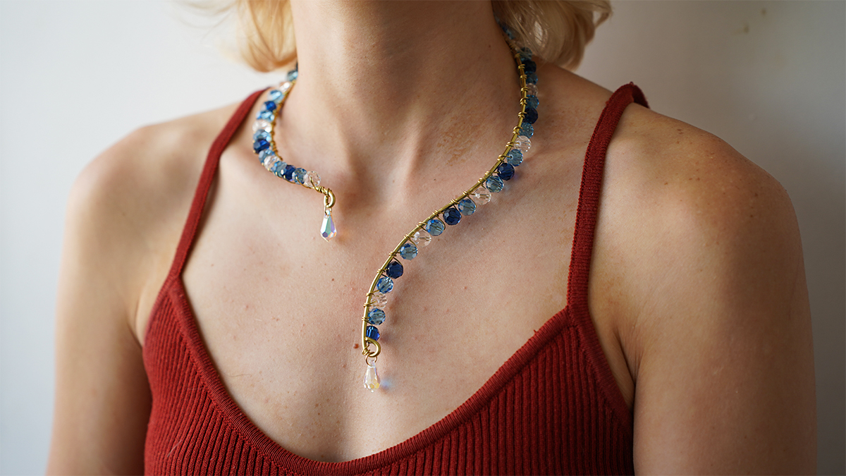 Brass wire necklace with blue beads and PureCrystal drops