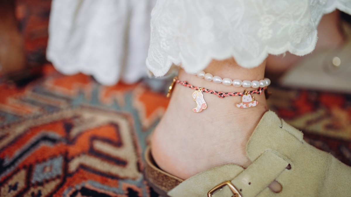 Ankle cord with cowgirl charms and freshwater pearl bracelet