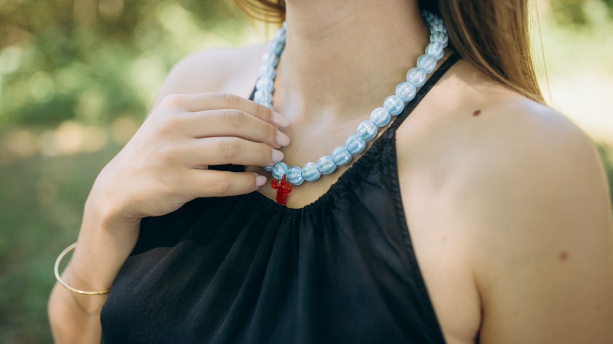 Ceramic bead necklace with glass pendant