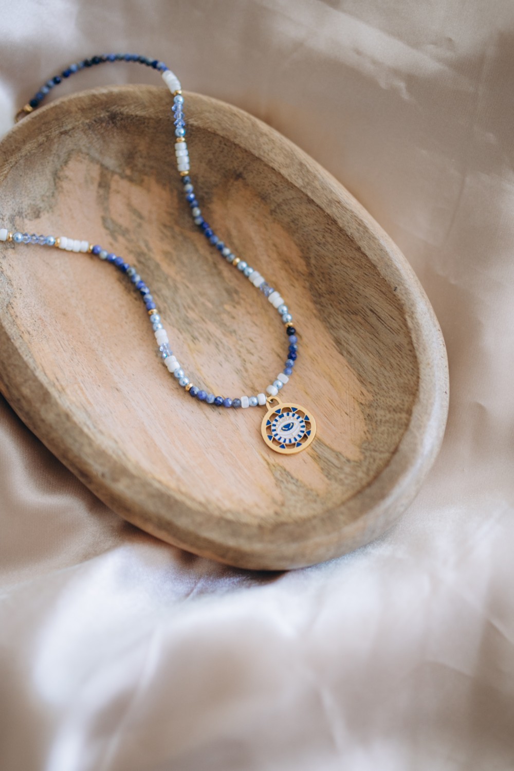 Necklace with Lapis Lazuli beads, PureCrystal bicones and mother-of-pearl beads