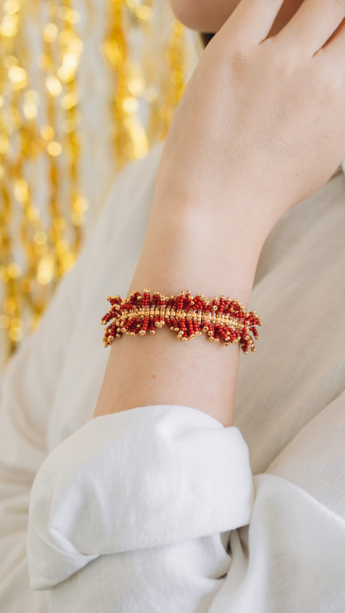 Miyuki burgundy and gold fringed bracelet