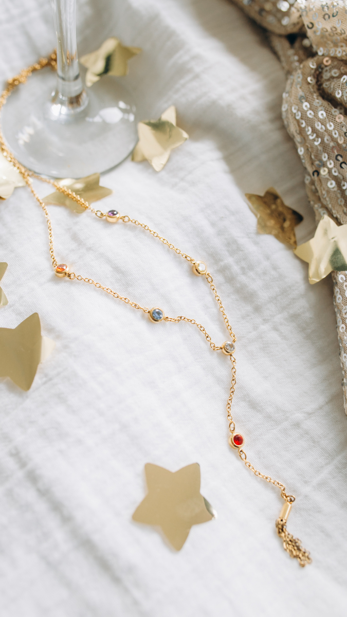 Collier cascade zircons et pompon en acier inoxydable