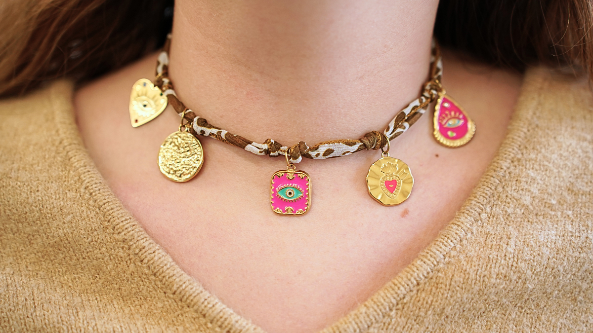 Cow pattern silk ribbon with gold charms Cow pattern silk ribbon with gold charms