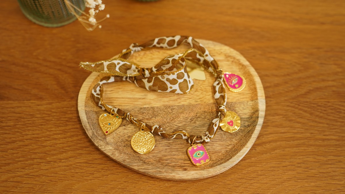 Schema Cow pattern silk ribbon with gold charms Schema Cow pattern silk ribbon with gold charms