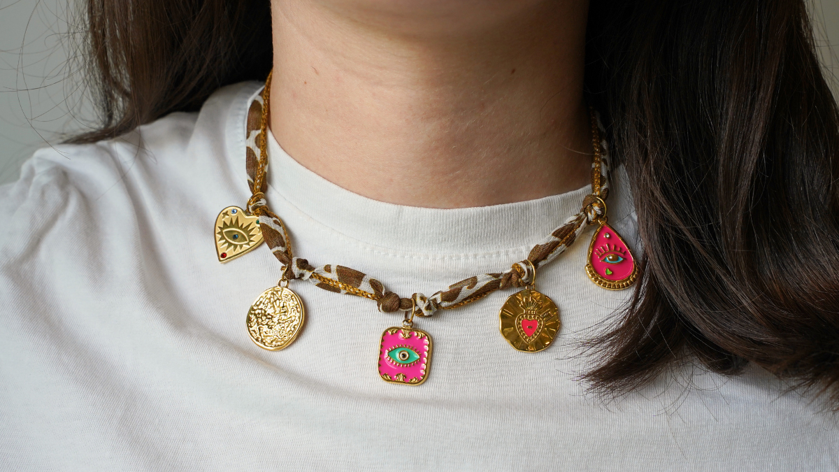 Schema Cow pattern silk ribbon with gold charms Schema Cow pattern silk ribbon with gold charms