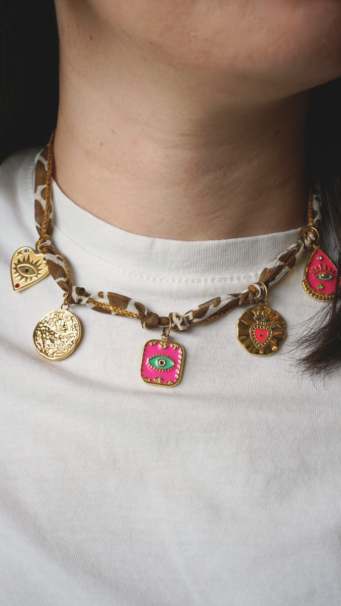 Cow pattern silk ribbon with gold charms