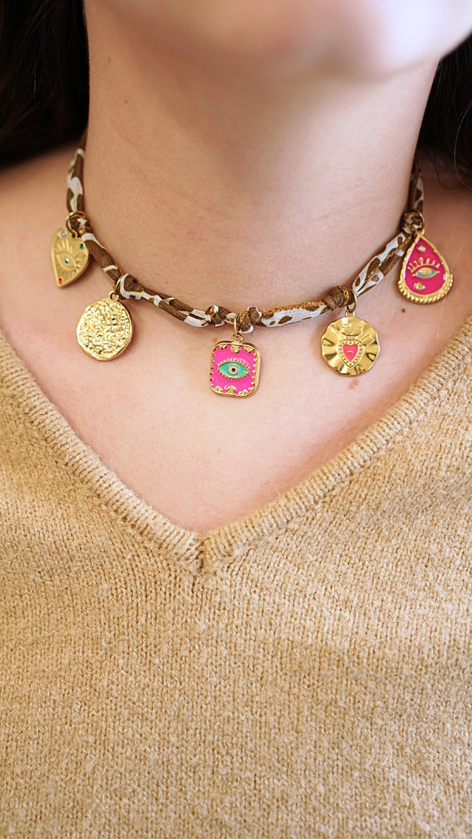 Schema Cow pattern silk ribbon with gold charms Schema Cow pattern silk ribbon with gold charms