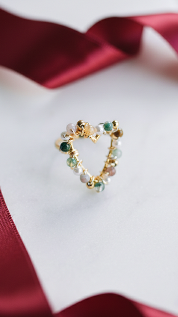 DIY Heart and gemstone beads ring