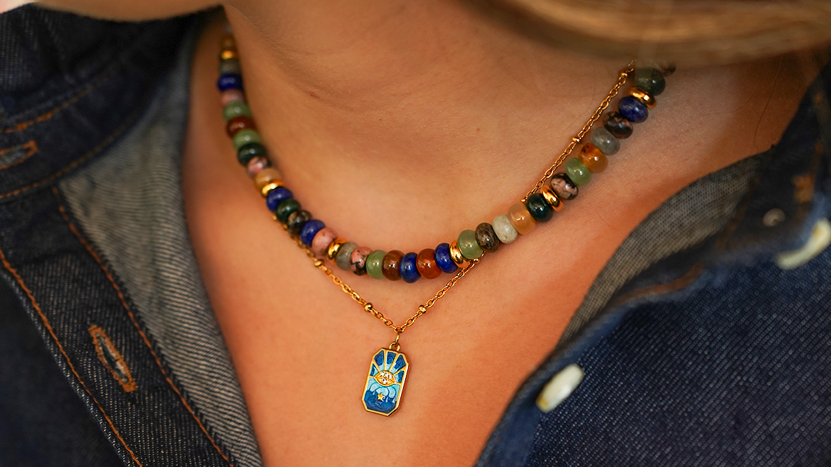 Double strand gem pearl necklace with gold-plated stainless steel chain and pendant