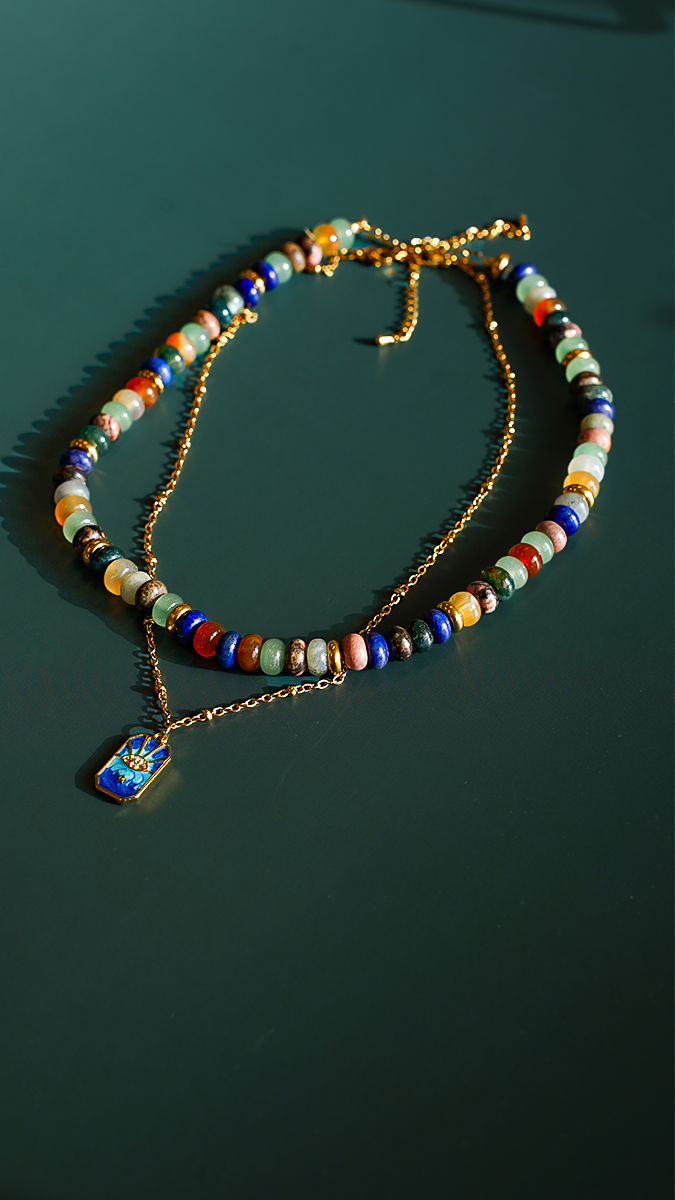 Double strand gem pearl necklace with gold-plated stainless steel chain and pendant