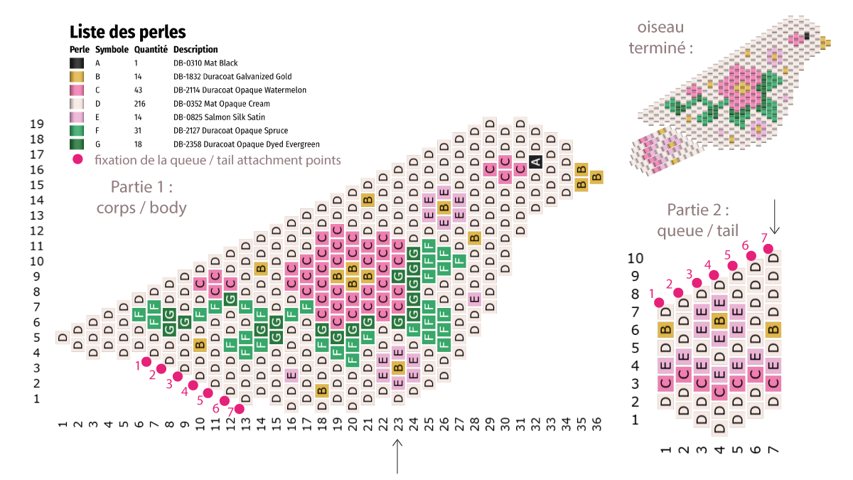 Schema  Miyuki bird brooch in Brick Stitch