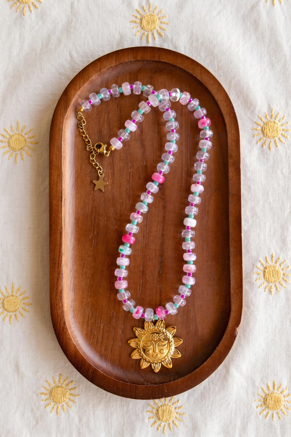 Resin rondelle beads necklace with sun pendant