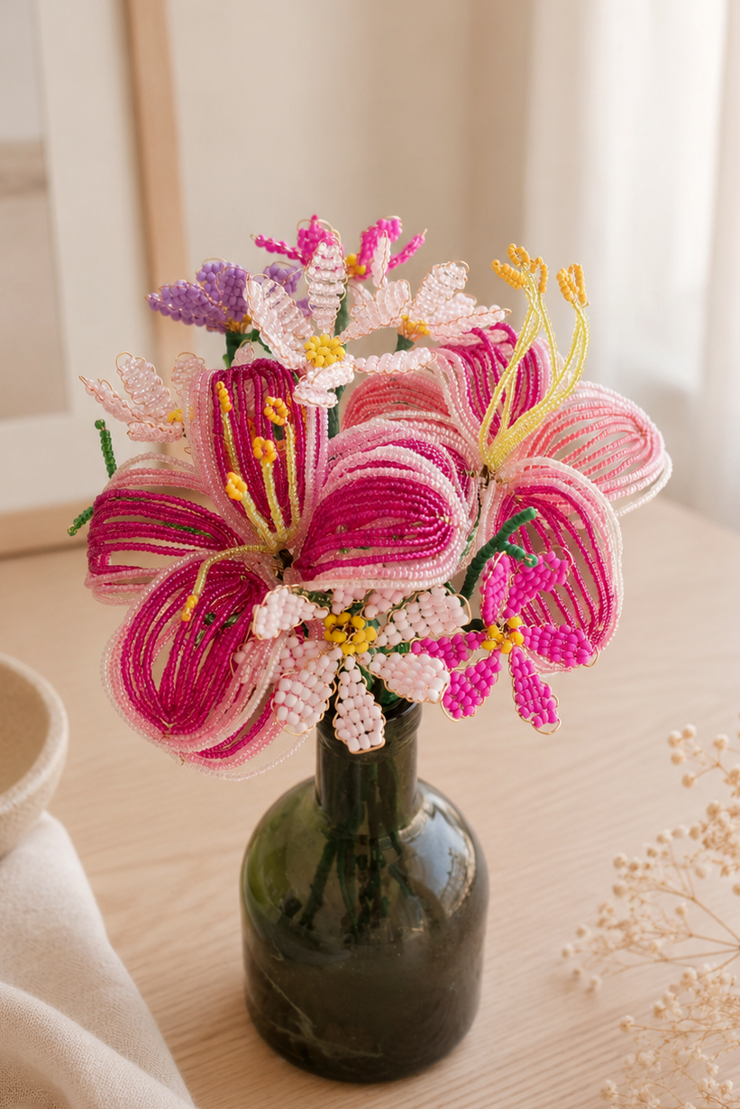 Bouquet of Flowers Made from Seed Beads - Fleur-de-lis and Daisy