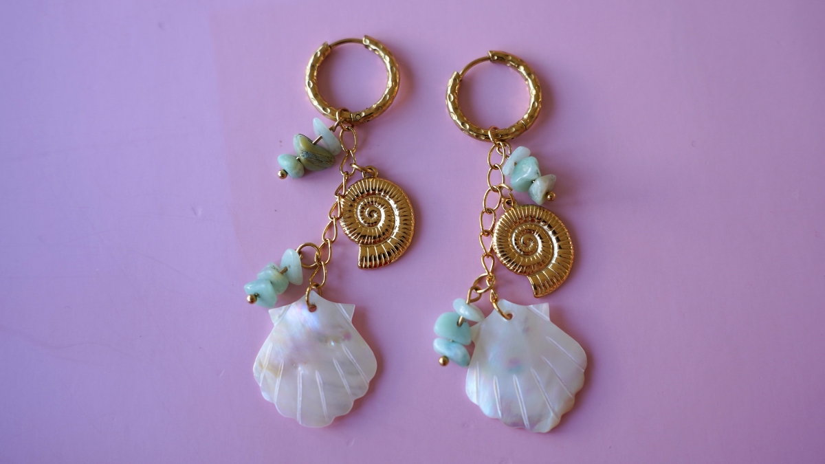 Summer hoop earrings with multiple charms, made of stainless steel and mother-of-pearl : Step 6 Summer hoop earrings with multiple charms, made of stainless steel and mother-of-pearl : Step 6