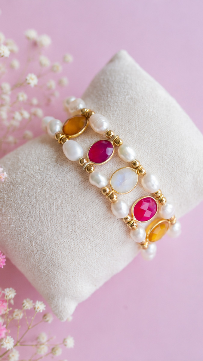 Bracelet double rang en pierres naturelles et perles d'eau douce