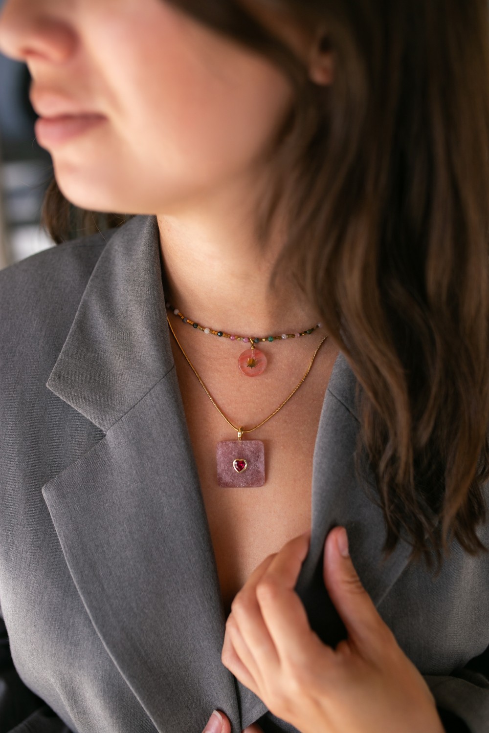 Set of two necklaces made of natural tourmaline and rose quartz