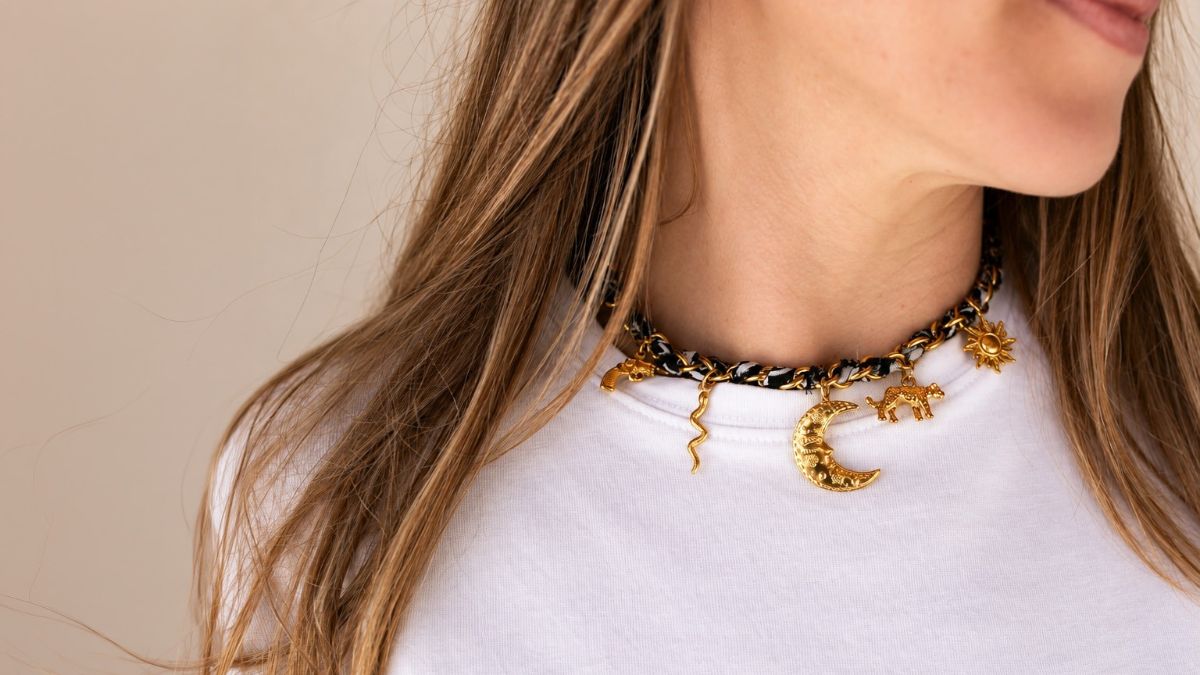 Black bandana necklace with gold pendants