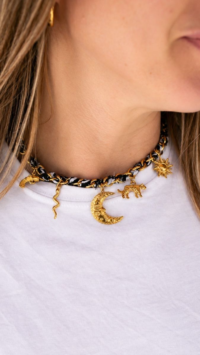 Black bandana necklace with gold pendants