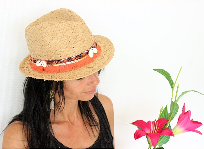 Schema  Customized Panama Hat with braid, sequins and cowrie shells