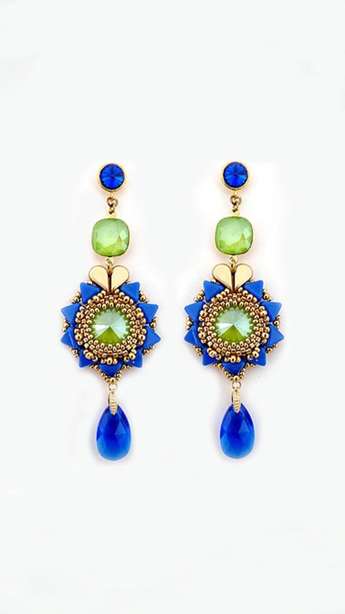 Schema Salome earrings with PureCrystal majestic blue and lime crystals and Amos® and Cheops® glass beads by Puca® Schema Salome earrings with PureCrystal majestic blue and lime crystals and Amos® and Cheops® glass beads by Puca®